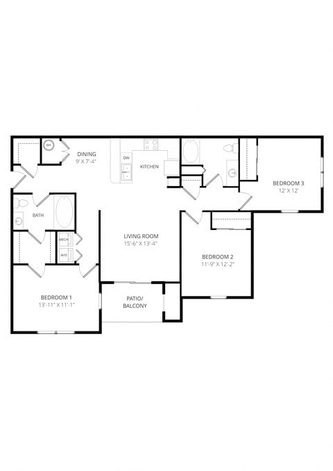 Floor plan for 3 beds, 2 baths, 1256 sqft